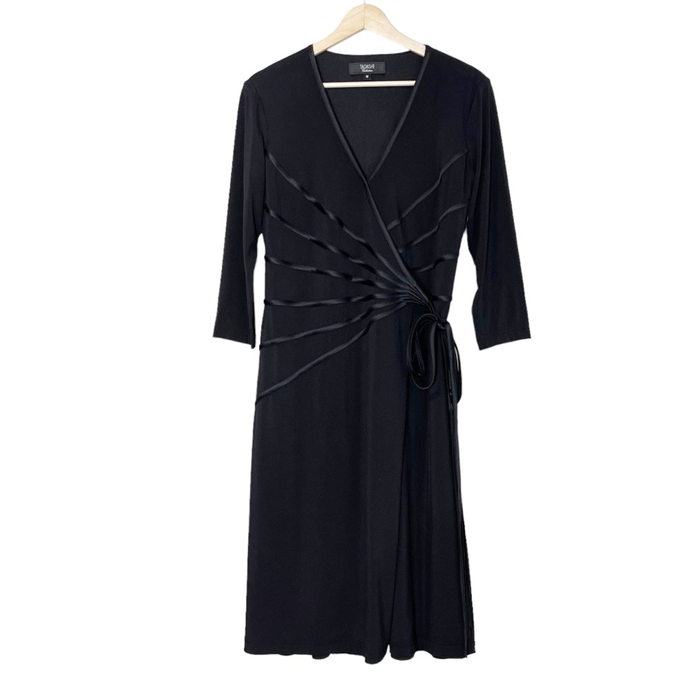 Tadashi Black Stretch Knit Long Sleeve Wrap Midi Dress Size M Slimming Side Tie